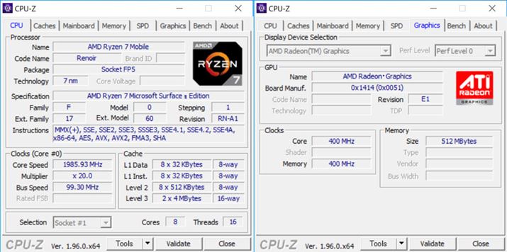 CPȔ擾łuCPU-Zv̌ʁBRyzen 7 4980U Microsoft Surface GfBV8RA16XbhŁAGPURadeon Graphics