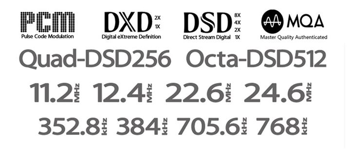 DAC`bv́AiFi audiȏ̐iŗpĂo[uEDAC`bv̗pBƎ̃JX^}CYŃfW^͏S16RÃptXMOSkɘAg邱ƂŁAő768kHz/32bit PCMDSD 512ƂnCXybNĂ