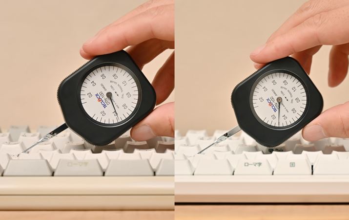 L[׏d45ǵuREALFORCE 108UH SA0100vijƁAL[׏d30giAPC̐ݒ3.0mmj́uREALFORCE R3 R3HC23viEjŁA쓮_̈́iPNjȈՓIɃ`FbNĂ݂BuREALFORCE 108UH SA0100v0.40N邭炢ŁAuREALFORCE R3 R3HC23v0.30NOƁAقڃXybNʂ̒lꂽ