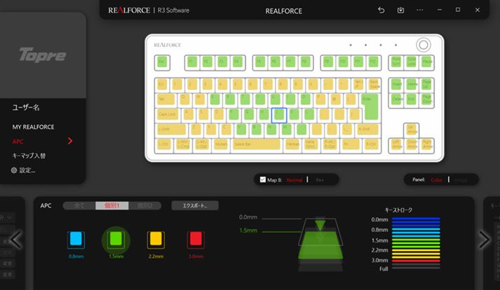 3ヂf́A2ヂfJX^}CYĂBׂẴL[̔zuύXłL[}bvւ@\ǉꂽقAAPC@\ɂ́AV0.8mm̐󂢐ݒ肪B@\Ƃp\tguREALFORCE CONNECTvŐݒ肷BAPC@\́A0.8/1.5/2.2/3.0mm4iKSL[ꗥŕύXłقAL[Ƃɒlݒ肷邱Ƃ\BL[ʐݒ2ޓo^ĂB܂Ap\tgŃJX^}CYéAL[{[h{̂ɋL^̂֗Bǂ̒[ɐڑĂݒœ삷̂ŁAƂ΁AЂ̃ItBXȂǂɃL[{[hoꍇAƓݒŃ^CsOł