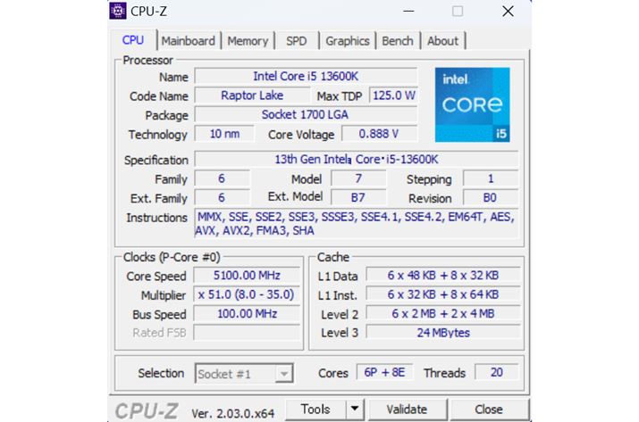 uCPU-ZvŁuCore i5-13600Kv̏ڍׂ\BX^_[hfȂ20XbhĂ邱ƂmFłB́uCore Speedvɕ\Ă悤ɁASRA쓮őu[XgNbNƓAő5.1GHzœ삷
