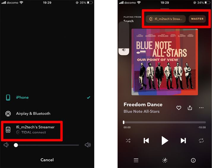 iPhonéuTIDALvAvgāA܂́uTIDAL ConnectvBʐ^Blue Note All-StarsuOur Point of ViewvMQAŃnC]zMĂ邽߁AEɁuMASERv̕\ꂽBuNEO StreamvMQAfR[hāAnC]ỉ96kHz/24bitjĐĂ邱Ƃ̏؂