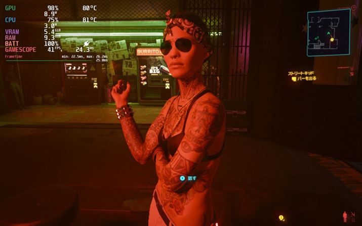 uCyberpunk 2077ṽx`}[N@\Ōvt[[g͕39.63fpsAŒ17.55fpsAő63.22fpsBσt[[g60fps傫Ă܂ASteam Deck7^IPStł͂قǋCɂȂ܂