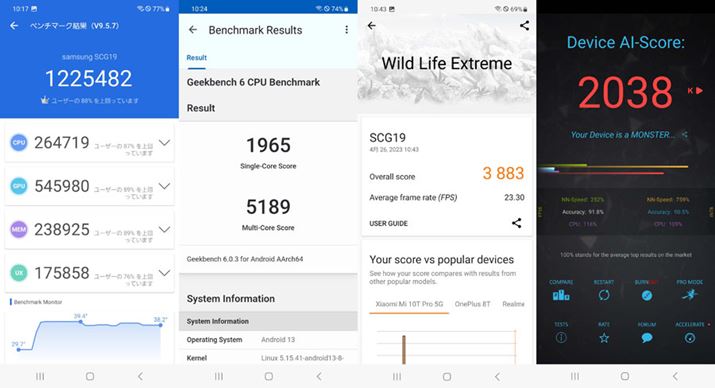 uGalaxy S23v́uAnTuTu Benchmarkv̑XRA1225482AuGeekbench 6vMulti-Core Score5189Au3DMarkvWild Life Extreme3883AuAI BenchmarkṽXRA2038
