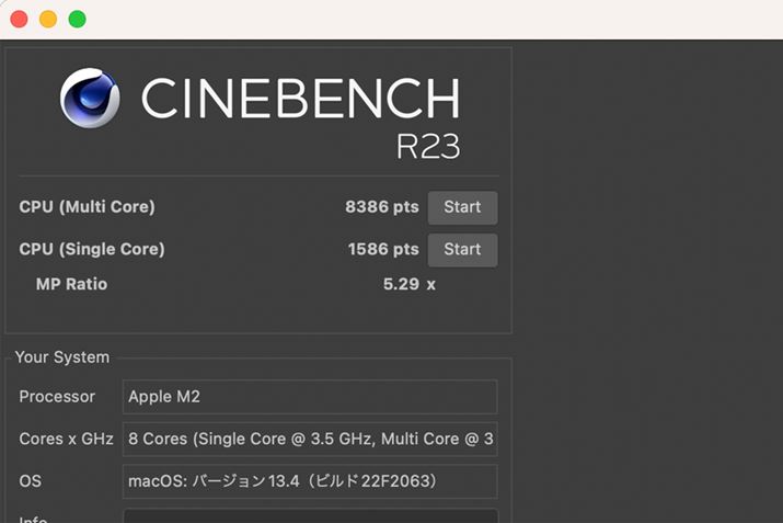uCINEBENCH R23v̌ʁBSoCȂ̂ŁAu13C`MacBook AirviM2fjƌʂ͂قƂǕς܂