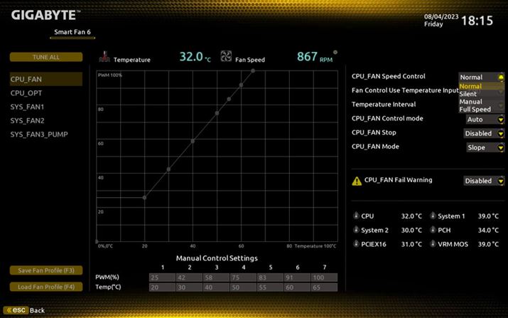 UEFIŃP[Xt@CPUN[[̉]ݒ肪\BGIGABYTE̗pVXe[eBeBuSmart Fan 6vł́AuNormalv̂قAuSilentvuManualvuFull SpeedvIłBȂAAvP[VCXg[΁AOSNɁuSmart Fan 6v𑀍삷邱Ƃ\