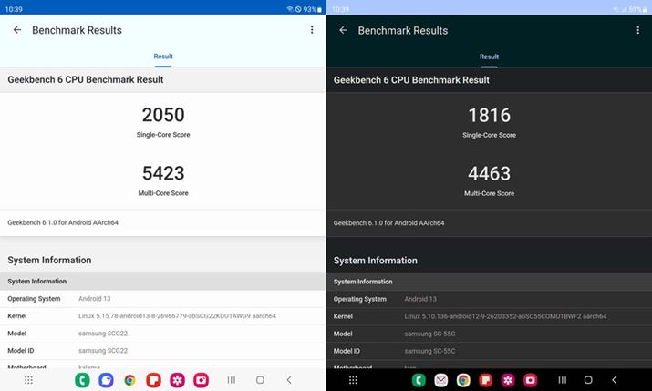uGeekbench 6vMulti-Core ScoréuGalaxy Z Fold5v5423AuGalaxy Z Fold4v4463ASingle-Core ScoréuGalaxy Z Fold5v2050AuGalaxy Z Fold4v1816