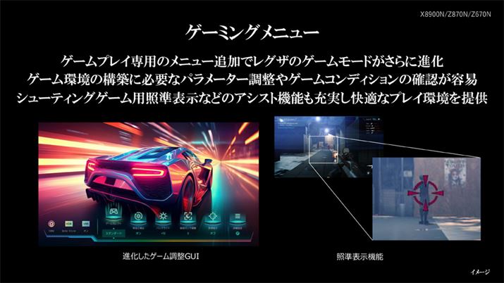 TVS REGZAł̓Q[~On̋@\isĂ邪Aǉꂽ@\́AFPSȂǂ̃vCɎg߂̏Ə\@\BʒɁA܂܂ȃ^Cv̏ƏI[o[C\ĂB̂قAuZ870viu55Z870NvjƁuZ670NvV[Y144HzQ[[h𓋍ڂ邱Ƃ