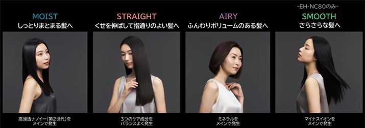 uEH-NC80v4j[AuEH-NC50v́uSMOOTHvȊO3j[𓋍ځB̃pTCɂȂȂuMOISTvÂ˂肪CɂȂȂuSTRAIGHTvA؂Ƃ₷ȂuAIRYvA̎G肪CɂȂȂuSMOOTHvœKł