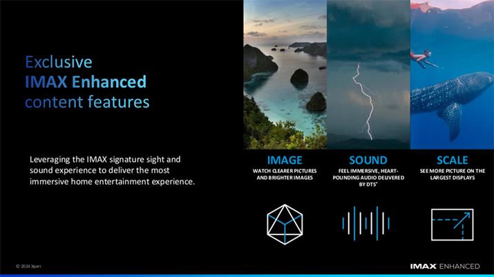 「IMAX Enhanced」の特徴が説明されたスライド。3つの要素としてあげられているのは「IMAGE」（画質）、「SOUND」（音質）、そして「SCALE」（専用アスペクト）だが……