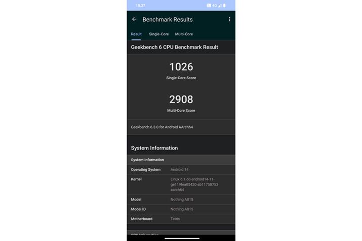 uGeekbench 6vAvŃx`}[N𑪒肵ʁBȂ݂ɁAuSnapdragon 8+ Gen 1v𓋍ڂnCGh́uNothing Phonei2jvő肷ƁAVORA1685A}`RA4425	