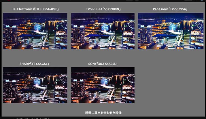 暗部に露出を合わせた映像を見ると、黒の再現性・暗部の階調表現の違いがわかる。パナソニック｢TV-55Z95A｣、LGエレクトロニクス「OLED55G4PJB」は全体に明るめで暗部の階調表現も積極的だ