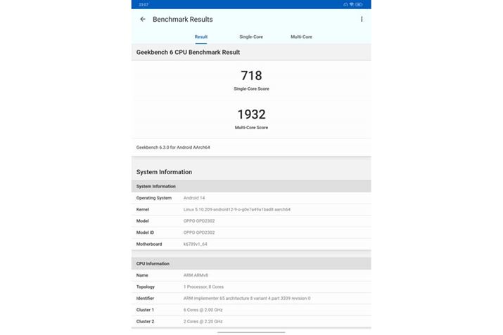 Geekbench 6Multi-Core Score1932ASingle-Core Score718