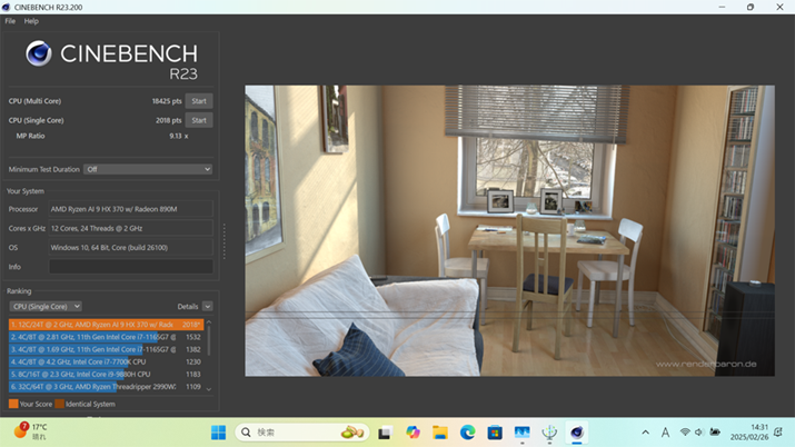 uCINEBENCH R23ṽ}`RA18425ptsAVORA2018pts