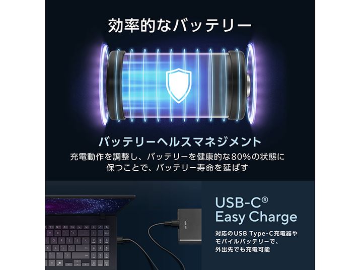 �o�b�e���[���������΂��u�o�b�e���[�w���X�}�l�W�����g�@�\�v��A�O�o��ŏd�󂷂�uUSB-C Easy Charge�v�ɑΉ����Ă���