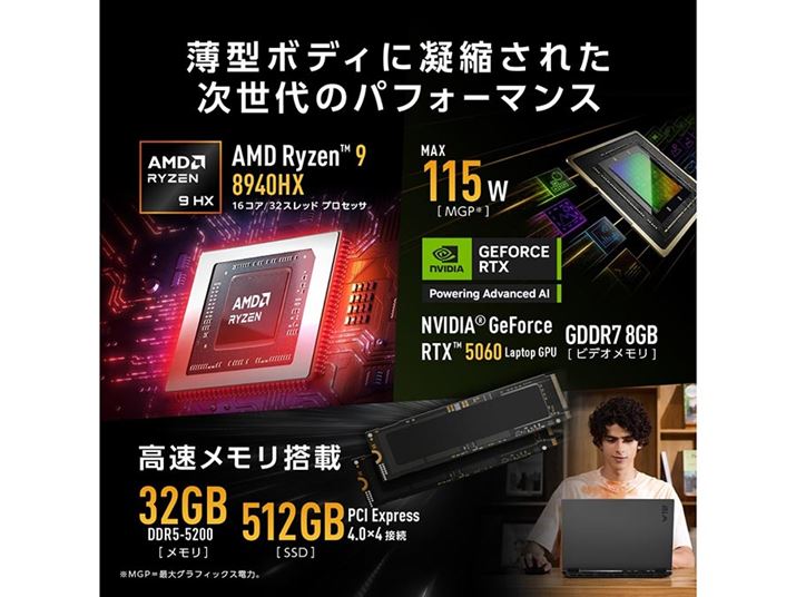�uAMD Ryzen�v�v���Z�b�T�[�𓋍ڂ���ق��A�uGeForce RTX 5060 Laptop GPU�v�ȂǁuNVIDIA GeForce RTX�v�V���[�Y��GPU�𓋍ڂ��郂�f���𑽂��p�ӂ��Ă���