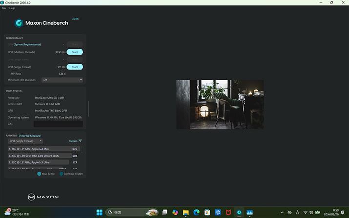 �uCINEBENCH 2026�v��CPU�iMulti Threads�j��3353pts�ACPU�iSingle Thread�j��511pts