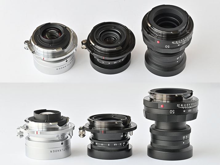 �����uCOLOR-SKOPAR 35mm F3.5 Aspherical�v�A�^�񒆂��uHELIAR 40mm F2.8 Aspherical�v�A�E���uAPO-LANTHAR 50mm F3.5�iType I�j�v�̃����Y�}�E���g���B�uCOLOR-SKOPAR 35mm F3.5 Aspherical�v�͌�ʂ��}�E���g�ʂ���o�������Ă��܂����A�uHELIAR 40mm F2.8 Aspherical�v�ƁuHELIAR 40mm F2.8 Aspherical�v�̓����Y�̉��Ɉ�������ł��邱�Ƃ��킩��܂�