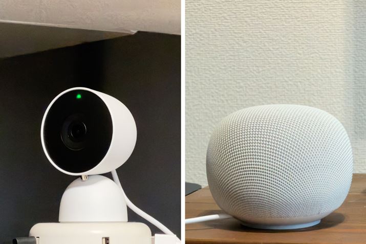 ����g�p����Google Nest Cam Indoor�i���j��Google Home �X�s�[�J�[�i�E�j