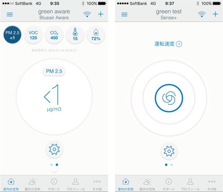 �A�v���uBlueair Friend�v�̉�ʁB���́uPM2.5 ���A���^�C���\���v�i�����̋�C�j�A�E�́u�^�]���x�v��\��