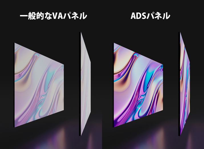 ハイセンスの「U8N」シリーズは「ADS」パネルを採用。一般的な「VA」パネルよりも視野角が広い（斜めから見ても色が変わりづらい）ことをアピールしています