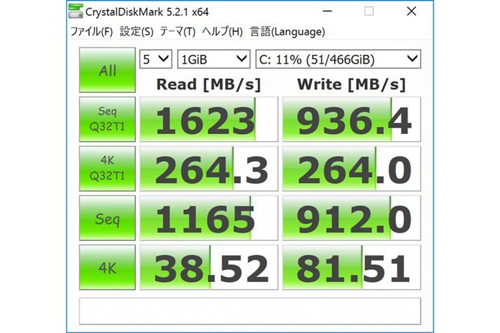 CrystalDiskMark 5.2.1 x64�̌��ʁB�ǂݏ����Ƃ���New XPS 13�ƂقƂ�Ǖς��Ȃ�����