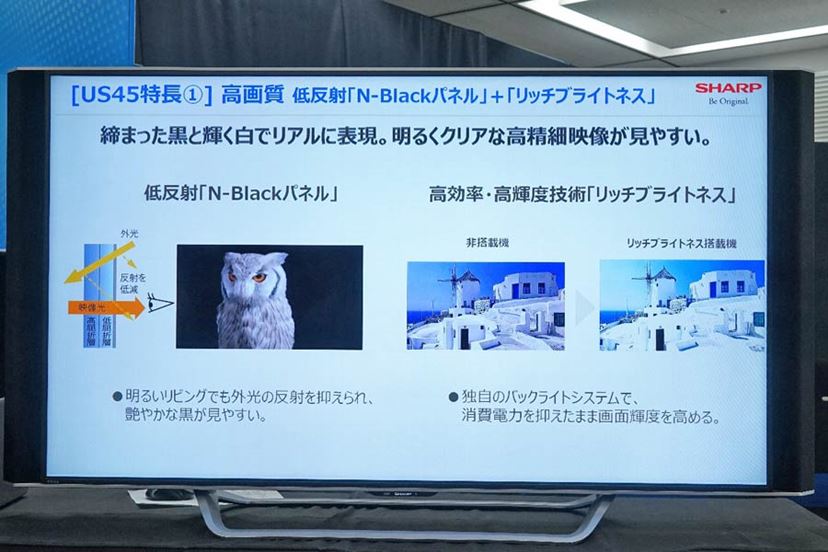 スイーベル対応のシャープのハイクラス4K液晶テレビ「AQUOS US45ライン