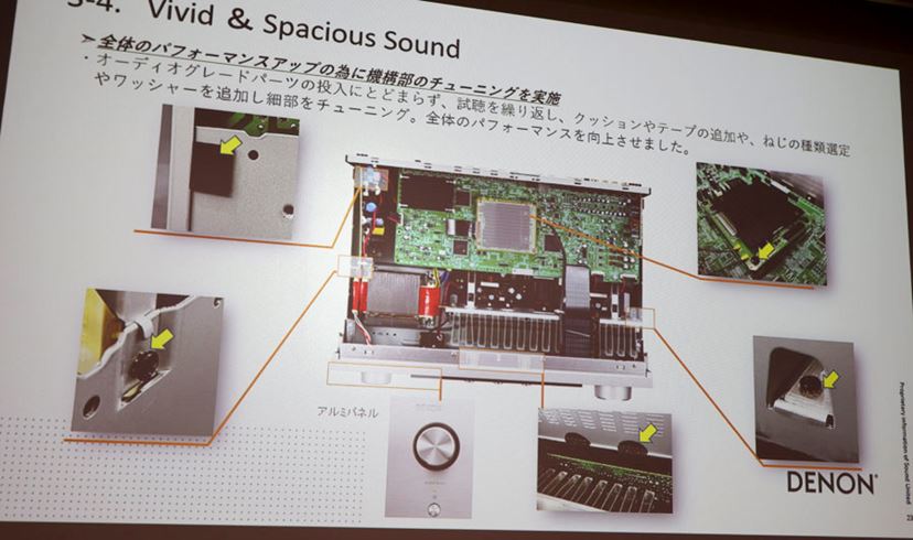 ネジやワッシャーの1つひとつについても音質検討と選別が行われ、チューニングが施される。日本で販売される「DRA-900H」だけの特徴として、フロントパネルがアルミ製であることも紹介された。欧米の同等品はフロントパネルがプラスチックだそうだ