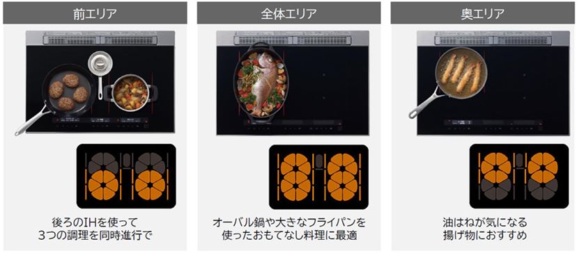 加熱エリアが拡大! オーバル鍋や鉄板などもムラなく加熱できる 加熱エリアが拡大! オーバル鍋や鉄板などもムラなく加熱できる