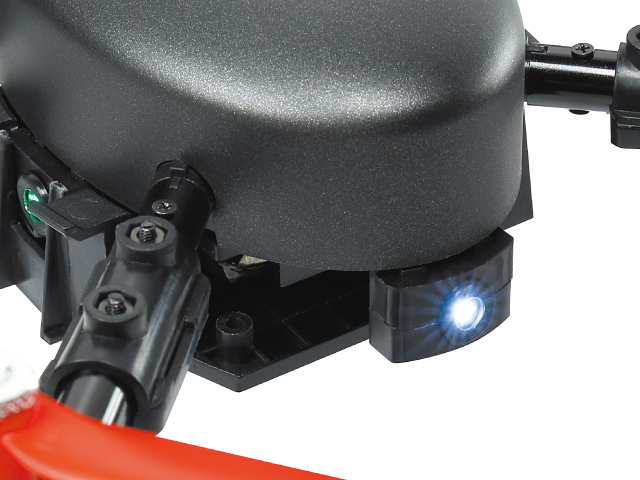 安全設計 万が一プロペラが障害物に接触した場合は安全装置が働きモーターが自動的に停止します。機体に方向指示用のLEDを装備、バッテリーの残量が低下するとLEDが点滅しオートカットが働きます。