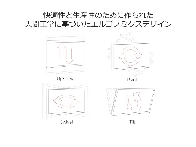 スイーベル機能、ピボット機能、高さ調整機能、チルト機能を備え、快適性や生産性を向上させるための最適なポジションにディスプレイを調整することが可能です。