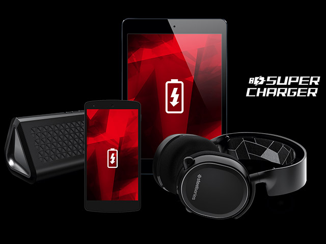 Super Chargerは、USBポートに接続されたデバイスを高速に充電します。スマホ、タブレット、USBゲームコントローラ、ポータブルゲーム機など、供給側のシステムの電源が切れていても動作します