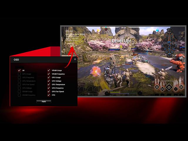 �Q�[�����̃V�X�e���p�t�H�[�}���X��Gaming App�̃I���X�N���[���\���Ŋm�F�I�\�����e���J�X�^�}�C�Y�\�ł��BCPU���x��FPS���AGPU���x�A���̑��F�X�ȏ����Q�[���𒆒f���邱�ƂȂ��c���\