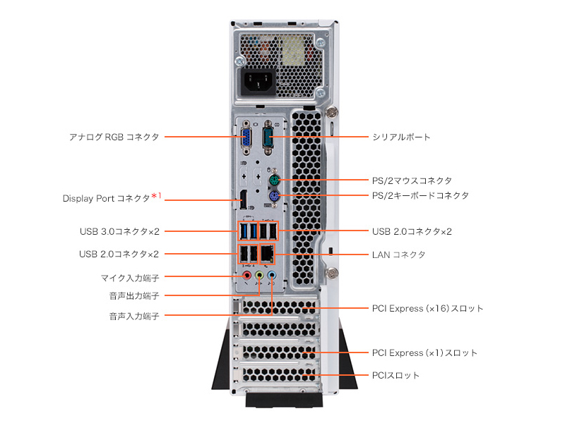 背面 (*1:添付のDisplay Port-DVI-D変換コネクタで、添付のディスプレイと接続します。)