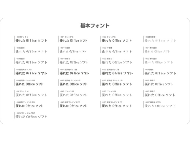 基本フォントとして、Microsoft Officeと同じOfficeバンドルフォント11書体(29種類)を収録。同じフォントが収録されていることにより、より優れた表現が可能。