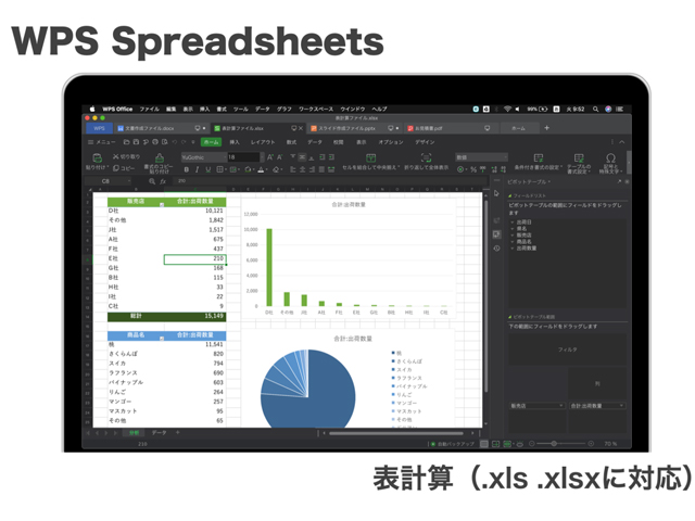 数値やデータの集計や分析、グラフ作成をサポートする表計算ソフト。Microsoft Excel のファイル形式に対応。