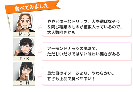 �H�ׂĂ݂܂��� �u���r�^�[�ȃg�����t�B�l��I�΂Ȃ�����������ނ̂��̂����������Ă���̂ŁA��l�����������v�iM�ES�j�u�A�[�����h�i�b�c�̕����ŁA�����Â������ł͂Ȃ����킢�[��������v�iT�EK�j�u�����ڂ̃C���[�W���A���炩���B�Â�����i�ŐH�ׂ₷���I�v�iE�EH�j