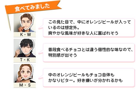 �H�ׂĂ݂܂��� �u���̌����ڂŁA���ɃI�����W�s�[���������Ă���̂͑z��O�B�u�₩�ȕ������D���Ȑl�ɂ�낱�΂ꂻ���v�iK�EW�j�u���i�H�ׂ�`���R�Ƃ͈Ⴄ���I�Ȗ��Ȃ̂ŁA���ʊ����o�����v�iT�EK�j�u���̃I�����W�s�[�����`���R���̂����Ȃ�r�^�[�B�D��������������邩���v�iM�ES�j