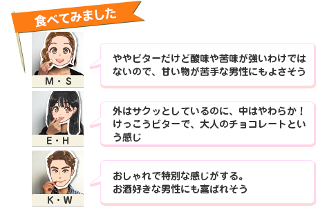 �H�ׂĂ݂܂��� �u���r�^�[�����ǎ_����ꖡ�������킯�ł͂Ȃ��̂ŁA�Â��������Ȓj���ɂ��悳�����v�iM�ES�j�u�O�̓T�N�b�Ƃ��Ă���̂ɁA���͂��炩�I ���������r�^�[�ŁA��l�̃`���R���[�g�Ƃ��������v�iE�EH�j�u�������œ��ʂȊ���������B�����D���Ȓj���ɂ���낱�΂ꂻ���v�iK�EW�j