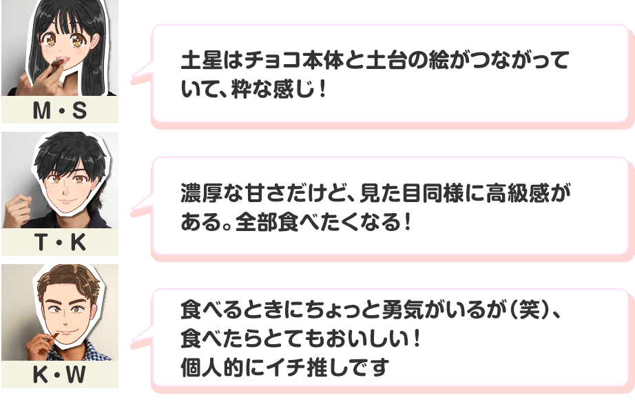 �H�ׂĂ݂܂��� �u�y���̓`���R�{�̂Ɠy��̊G���Ȃ����Ă��āA���Ȋ����I�v�iM�ES�j�u�Z���ȊÂ������ǁA�����ړ��l�ɍ�����������B�S���H�ׂ����Ȃ�I�v�iT�EK�j�u�H�ׂ�Ƃ��ɂ�����ƗE�C�����邪�i�΁j�A�H�ׂ���ƂĂ����������I �l�I�ɃC�`�����ł��v�iK�EW�j