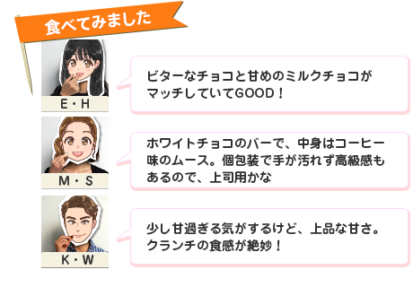 �H�ׂĂ݂܂��� �u�r�^�[�ȃ`���R�ƊÂ߂̃~���N�`���R���}�b�`���Ă���GOOD�I�v�iE�EH�j�u�z���C�g�`���R�̃o�[�ŁA���g�̓R�[�q�[���̃��\�X�B��Ŏ肪���ꂸ������������̂ŁA��i�p���ȁv�iM�ES�j�u�����É߂���C�����邯�ǁA��i�ȊÂ��B�N�����`�̐H�����▭�I�v�iT�EK�j