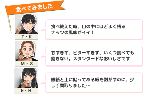 �H�ׂĂ݂܂����@�u�H�׏I�����Ƃ��A���̒��ɂقǂ悭�c��i�b�c�̕������C�C�I�v�iT�EK�j�u�É߂����A�r�^�[�߂����A�����H�ׂĂ��O���Ȃ��B�X�^���_�[�h�Ȃ��������ł��v�iM�ES�j�u�⎆�Ə�ɓ\���Ă��鎆�𔍂����̂ɁA������Ԏ��܂����c�v�iE�EH�j