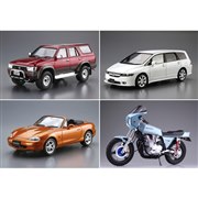 「1/24 トヨタ VZN130G ハイラックスサーフ SSR-X ワイドボデー '91」「1/24 ホンダ RB1 オデッセイ アブソルート '06」「1/24 マツダ NB8C ロードスター RS '99」「カワサキ Z1-R カスタムパーツ付き」