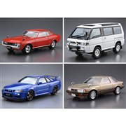 上段左から「1/24 トヨタ TA22 セリカ1600GT '72」「1/24 ミツビシ P35W デリカスターワゴン '91」、下段左から「1/24 ニッサン BNR34 スカイラインGT-R V-specII '02」「1/24 トヨタ MZ11 ソアラ2800GT-EXTRA '81」