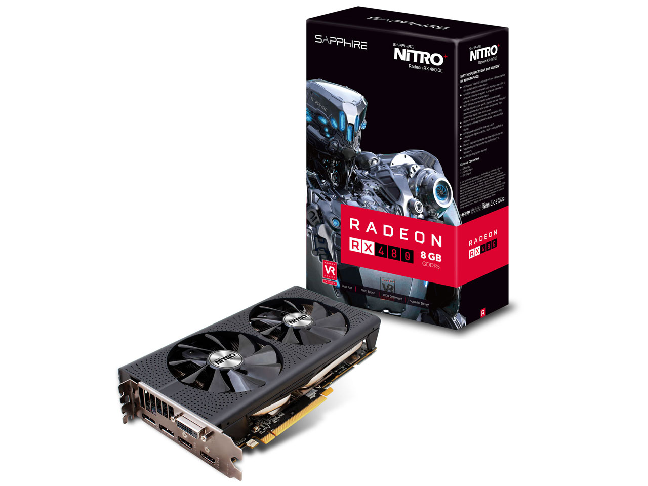 SAPPHIRE NITRO+ RADEON RX 480 8G GDDR5 PCI-E DUAL HDMI/DVI-D/DUAL DP OC [PCIExp 8GB] �̐��i�摜