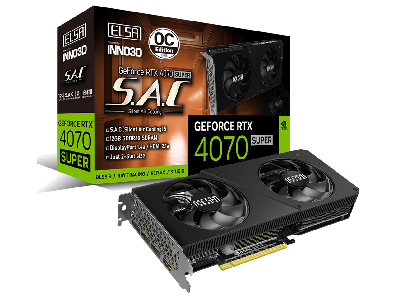 ELSA GeForce RTX 4070 SUPER S.A.C OC GD4070S-12GERSOC [PCIExp 12GB] �̐��i�摜